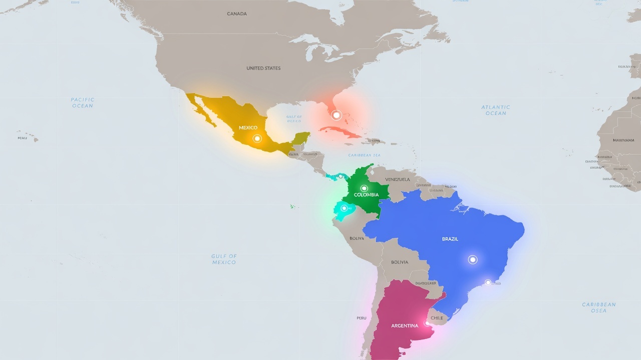 GSB Services coverage map — Florida, Mexico, Colombia, Ecuador, Brazil, Argentina